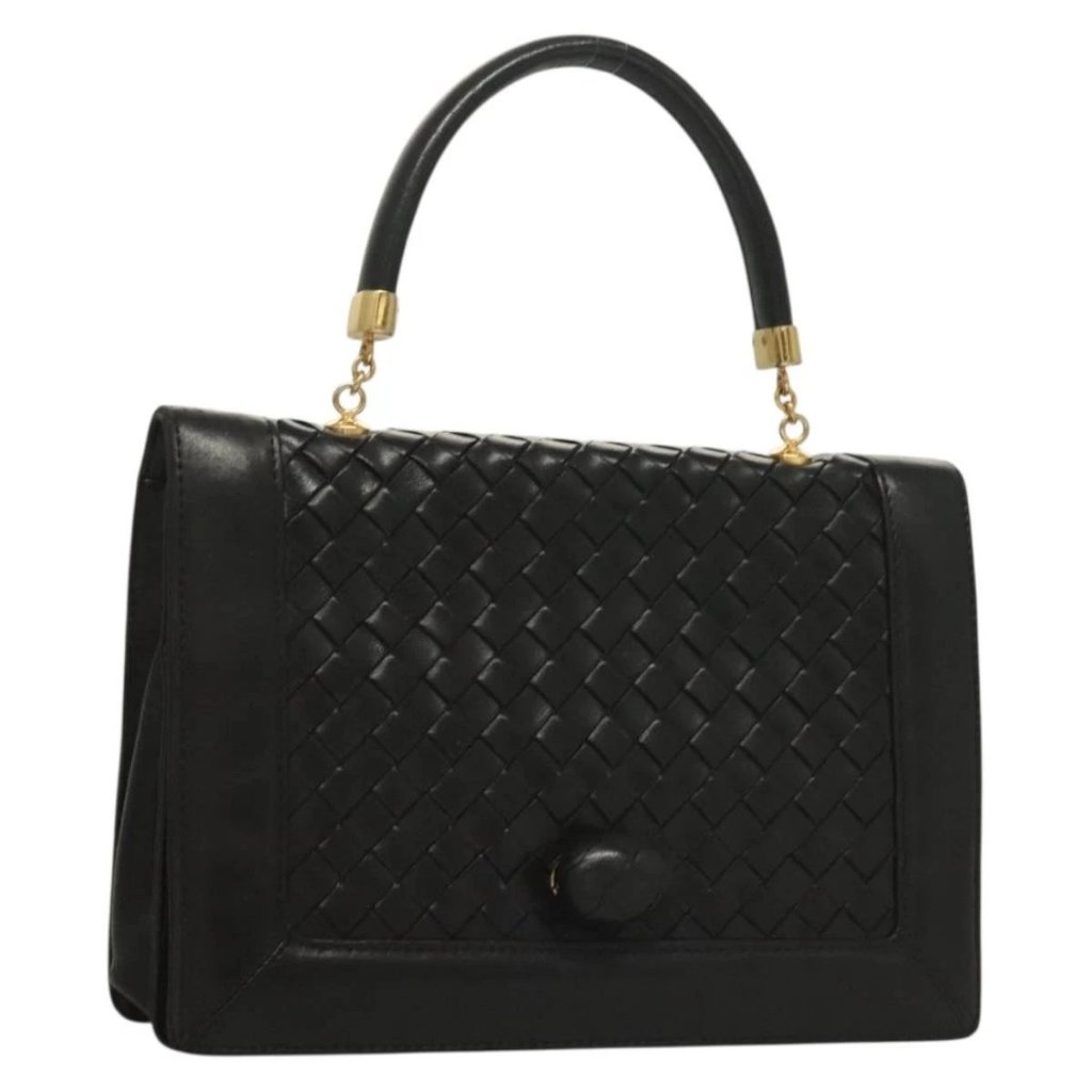 Bottega Veneta Intrecciato Hand Bag Leather Black Gold Auth Sw1261